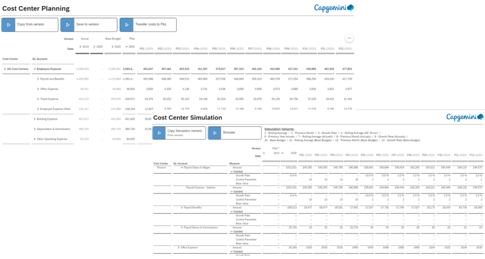Figure 3: Example of planning layouts for Cost Planning (Image Source: Capgemini)