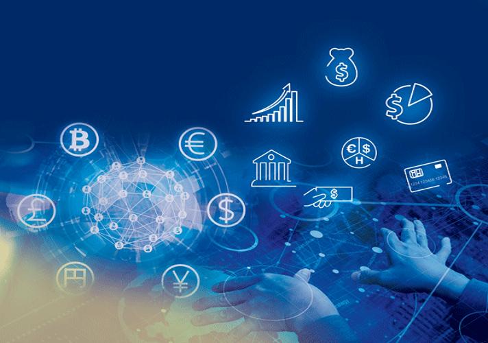 Een afbeelding met verschillende financiële elementen, waaronder valutatekens, een wereldbol met een netwerk, een paar handen die aan het typen zijn, en diverse financiële symbolen.