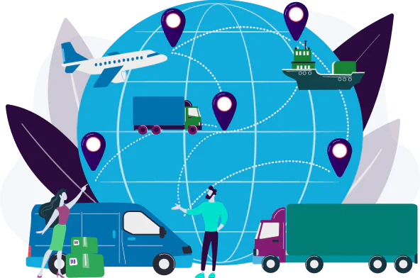ikona z globusem i różnymi środkami transportu