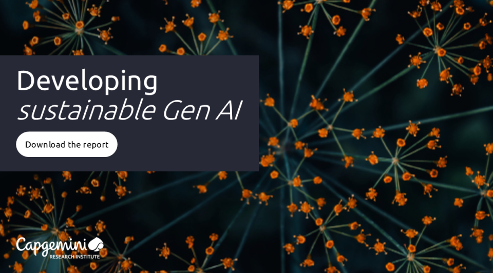 Developing Sustainable Gen AI, a new report from the Capgemini Research Institute, highlights the environmental impact of generative AI (Gen AI) and provides a roadmap for developing sustainable Gen AI practices.