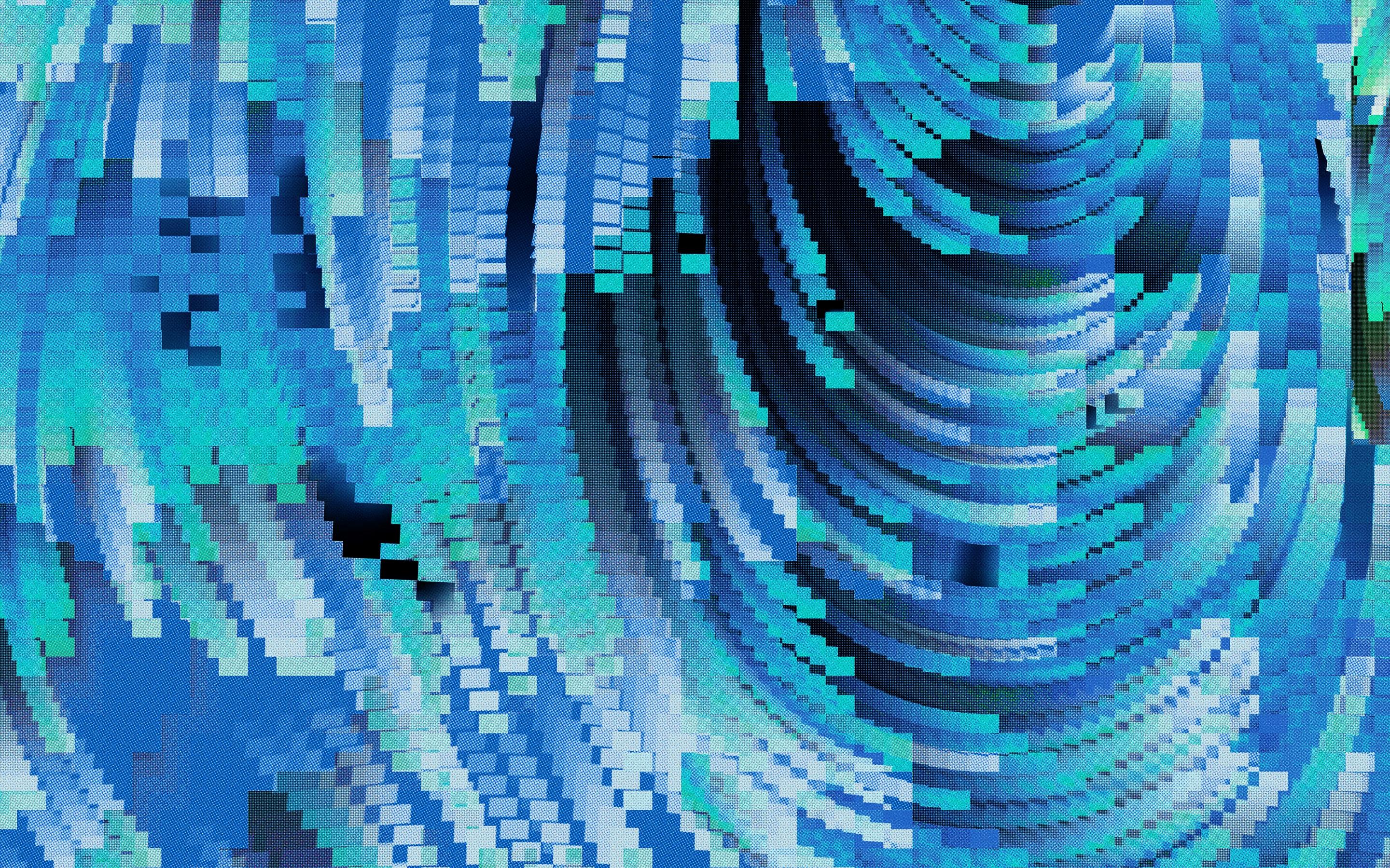 Abstract digital artwork with pixelated blue and green wave-like patterns creating a sense of movement and depth.